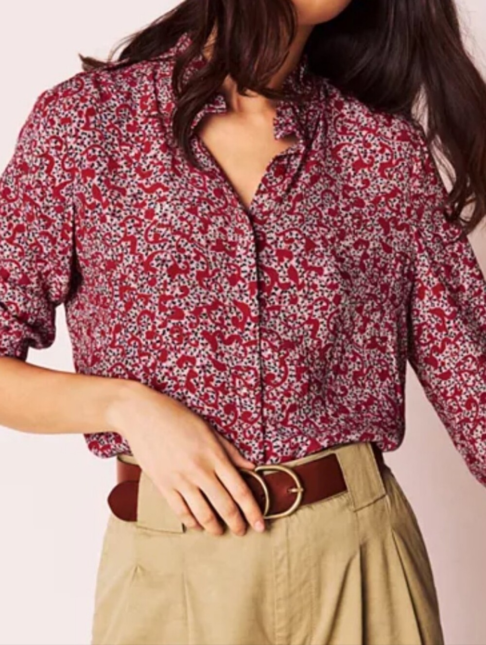 BA&SH CATTY THREE-QUARTER SLEEVE RED, PINK BLACK, CREAM PRINT FLORAL SHIRT, US 4